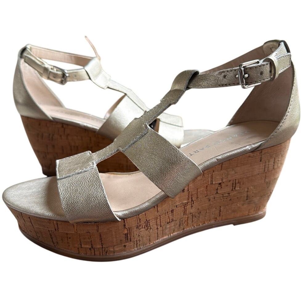 Franco Sarto Falco Wedge Sandals Women's Size 6.5 Metallic Leather Chunky Heel